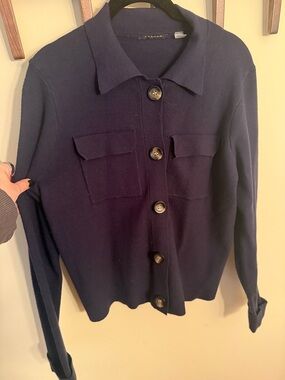 Tahari Navy Button-Up Soft Knit Flap Pocket Cardigan